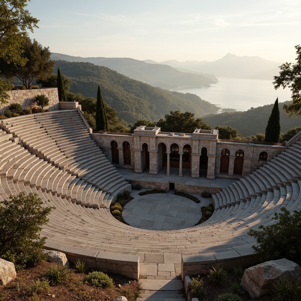 Prompt: Ancient Greek amphitheater, tiered seating, curved architecture, limestone structures, natural stone walls, ornate carvings, acoustic reflection, sound wave resonance, reverberation control, echo reduction, optimal speaker placement, audience seating arrangements, audio frequency analysis, harmonious sound distribution, warm evening lighting, atmospheric mist, Mediterranean landscape, distant mountain views, 1/2 composition, symmetrical framing, realistic textures, ambient occlusion.