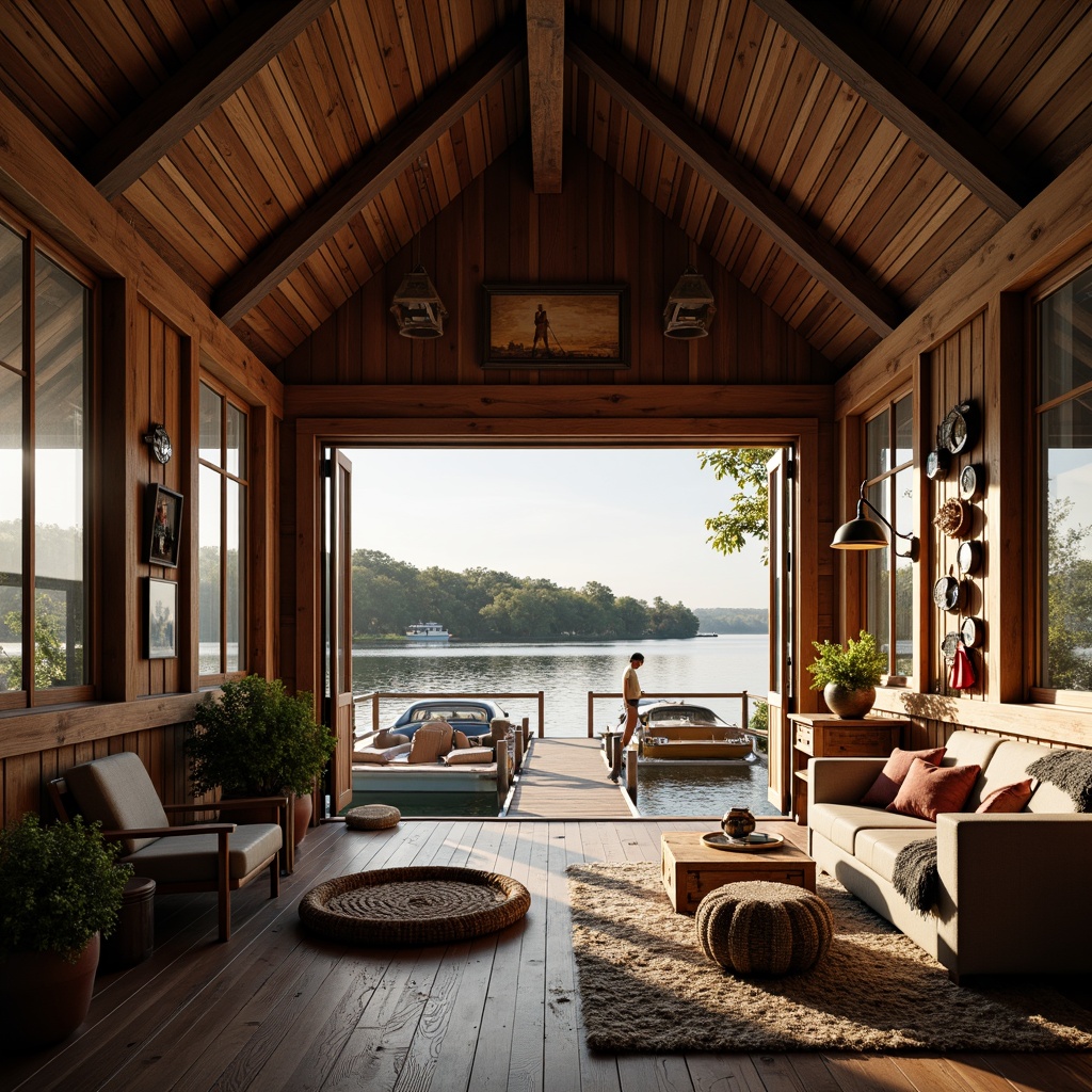 Prompt: Rustic boathouse, wooden docks, serene lake scenery, soft warm natural lighting, large windows, sliding glass doors, wooden accents, nautical decorations, cozy interior spaces, plush furnishings, vintage boating equipment, fishing nets, life jackets, water-inspired color palette, earthy tones, organic textures, subtle reflections, shallow depth of field, 1/1 composition, atmospheric perspective, realistic water simulations.