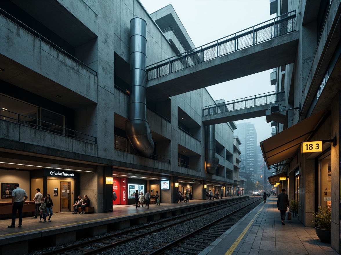 Prompt: Gritty urban landscape, brutalist train station, raw concrete structures, industrial aesthetic, exposed ductwork, metallic accents, urban integration, pedestrian bridges, bustling city streets, busy commuters, modern signage, neon lighting, moody atmospheric fog, dramatic shadows, low-angle composition, cinematic mood, gritty textures, ambient occlusion.