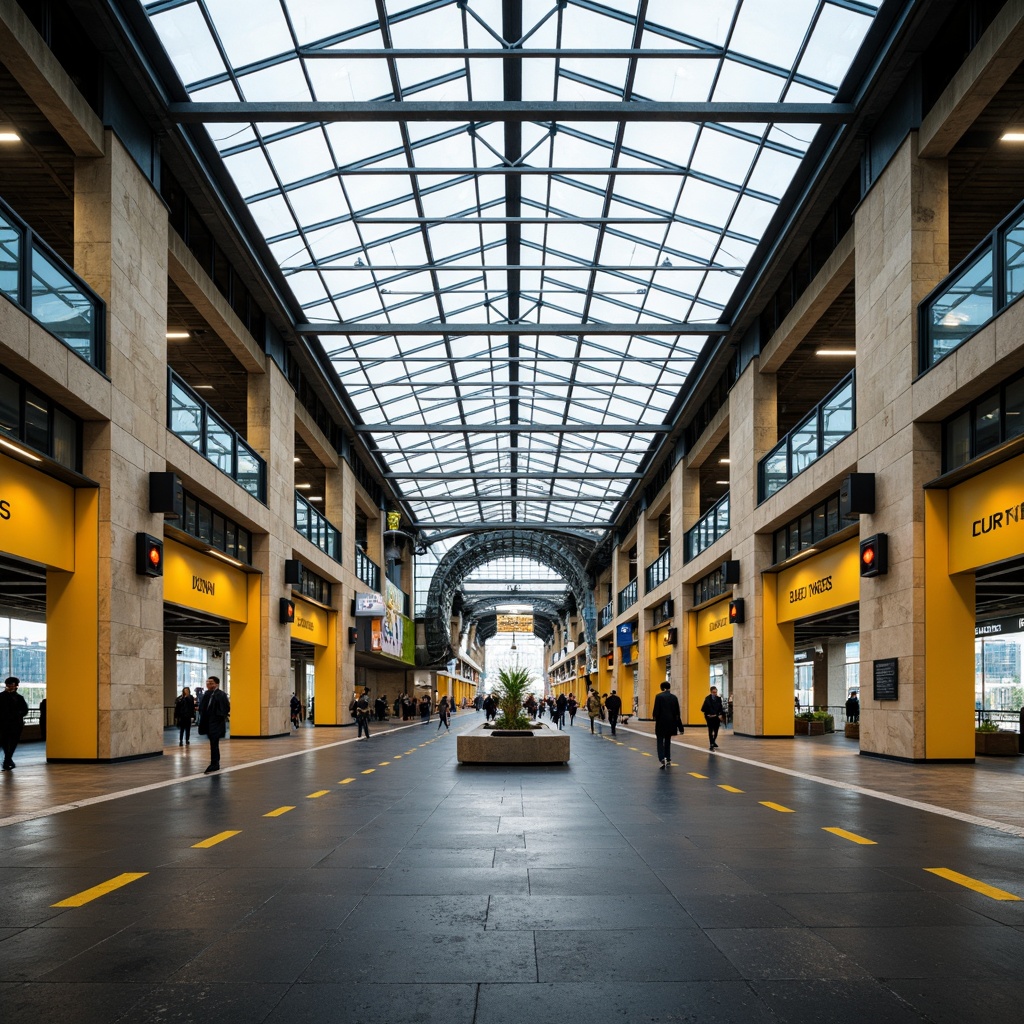 Prompt: Modern train station, sleek glass ceiling, industrial metal framework, vibrant yellow accents, neutral beige walls, dark grey flooring, bold signage, urban cityscape, natural stone columns, escalators, bustling atmosphere, dynamic lighting, shallow depth of field, 3/4 composition, panoramic view, realistic textures, ambient occlusion.