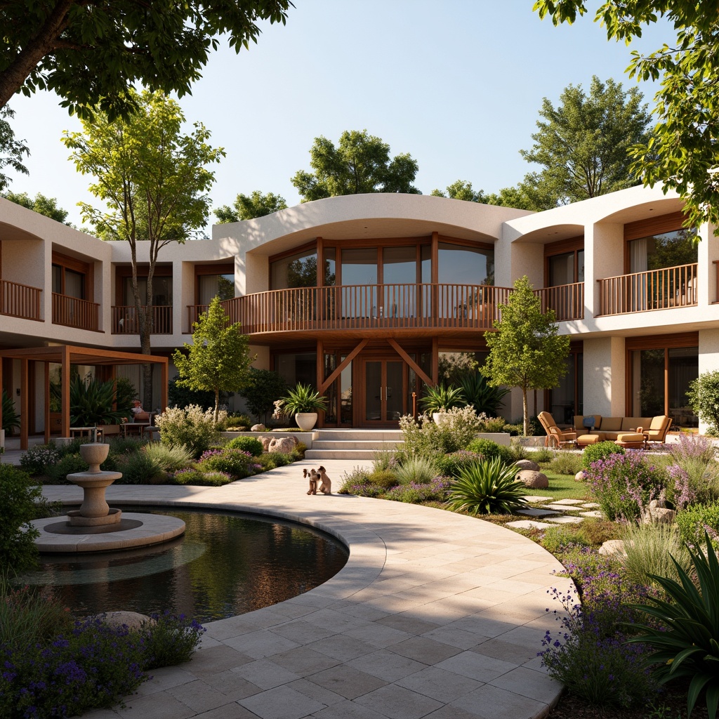 Prompt: Earth-toned facade, regionalistic clinic building, curved lines, natural stone cladding, wooden accents, large overhangs, shaded outdoor spaces, lush greenery, vibrant flowers, water features, tranquil ambiance, warm inviting lighting, 1/1 composition, realistic textures, ambient occlusion, soft focus effect, warm color palette.