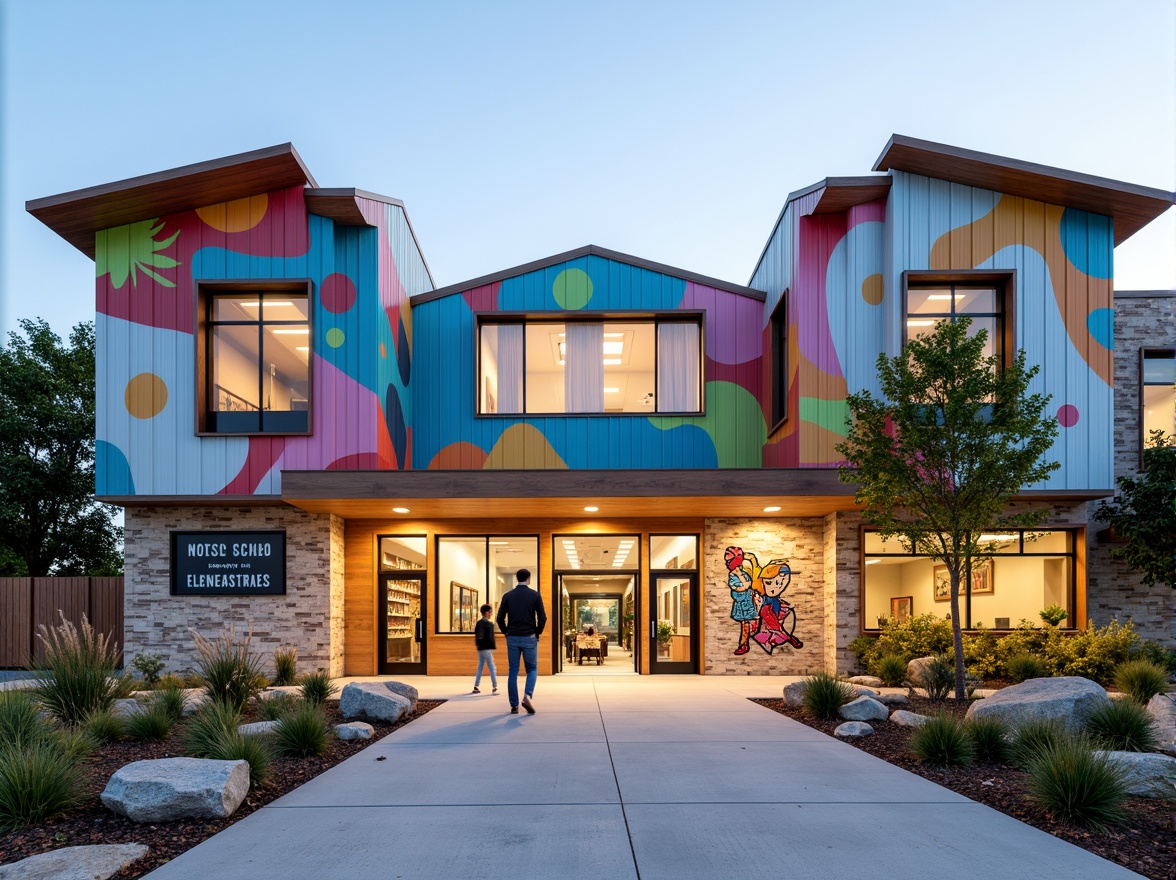 Prompt: Vibrant elementary school facade, eclectic style, playful color palette, irregular shapes, dynamic patterns, cantilevered roofs, overhanging eaves, exposed ductwork, industrial-style lighting, bold typography, creative signage, abstract murals, whimsical sculptures, natural stone walls, reclaimed wood accents, corrugated metal cladding, translucent glass panels, modern trapezoidal windows, asymmetrical composition, high-contrast color scheme, dramatic shading, cinematic lighting, shallow depth of field, 1/2 composition, realistic textures, ambient occlusion.