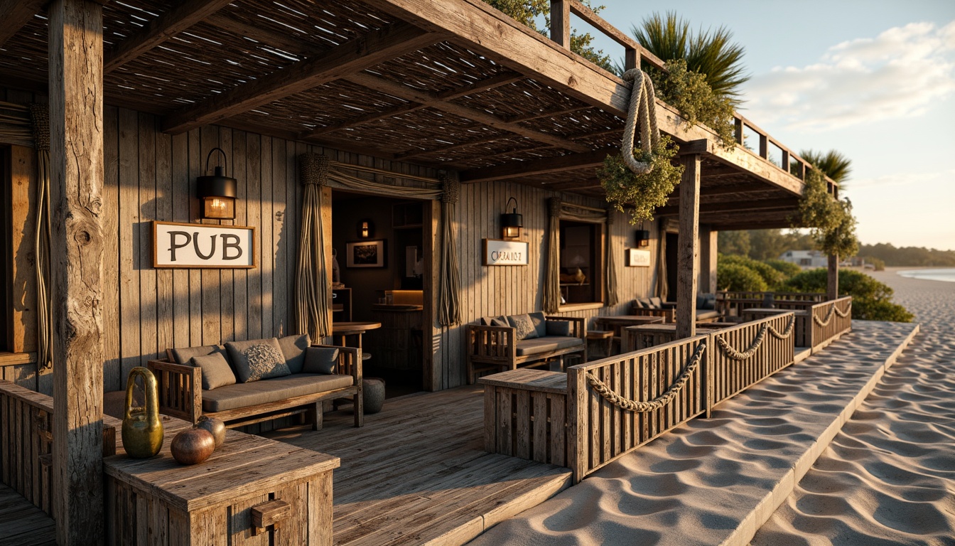 Prompt: Weathered wooden pub facade, distressed nautical ropes, ocean-inspired color palette, coral-like textures, driftwood accents, rustic metal lanterns, wave-patterned railings, sandy dune surroundings, salty sea air atmosphere, warm golden lighting, shallow depth of field, 1/2 composition, dramatic shadows, realistic weathering effects, atmospheric misting.