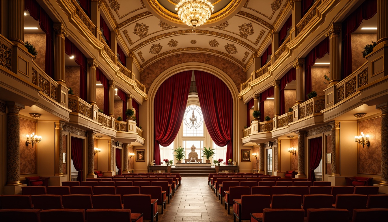 Prompt: Grand opera house, ornate facade, Baroque details, curved lines, ornamental columns, intricate carvings, grand entrance, sweeping staircases, red velvet curtains, gilded moldings, crystal chandeliers, majestic archways, soft golden lighting, warm atmospheric ambiance, shallow depth of field, 1/1 composition, symmetrical view, realistic textures, ambient occlusion, dramatic shadows.