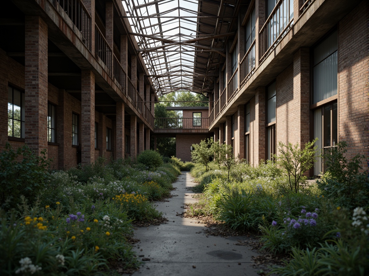 Prompt: Abandoned warehouse, deconstructed architecture, exposed brick walls, rusty metal beams, reclaimed wood accents, overgrown vegetation, wildflowers, industrial landscape, urban decay, gritty textures, muted color palette, atmospheric lighting, soft focus, shallow depth of field, 1/2 composition, cinematic view, realistic rendering, subtle ambient occlusion.