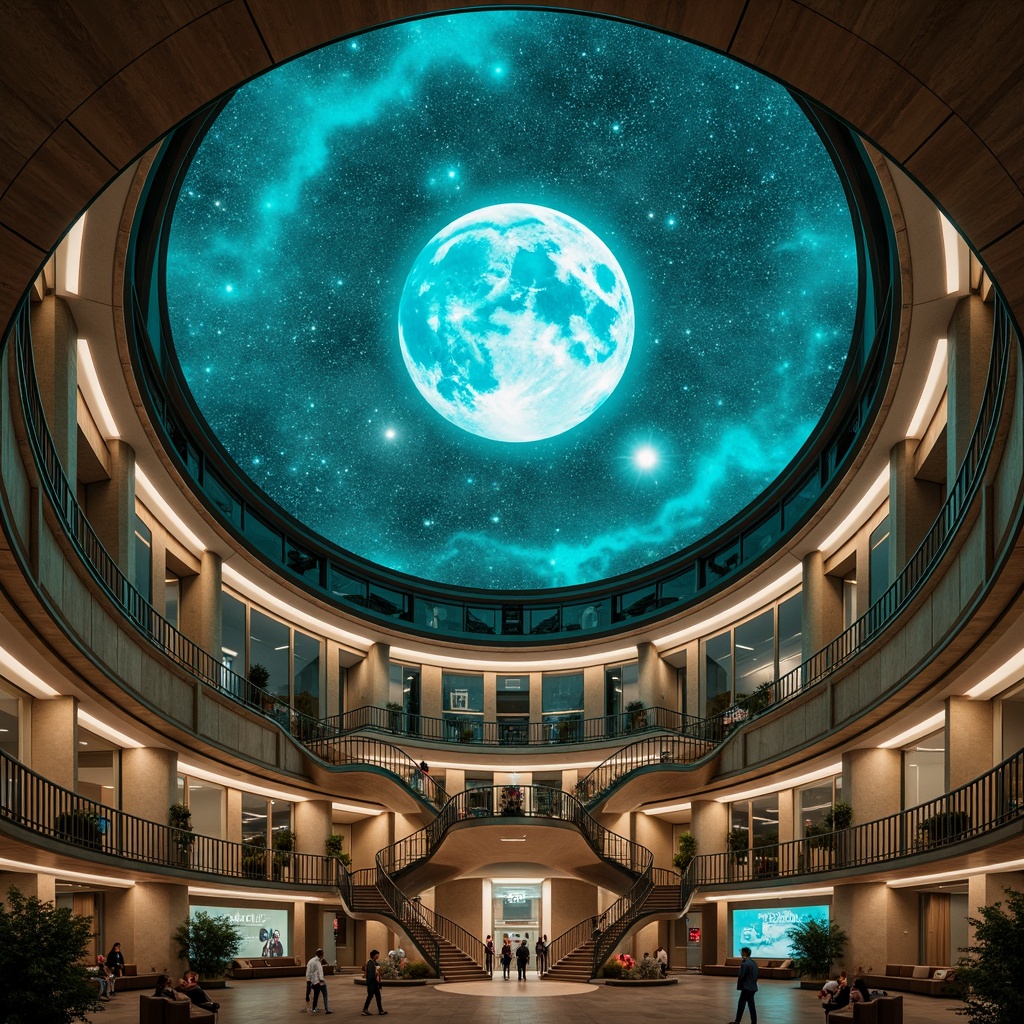 Prompt: Domed planetarium, curvaceous lines, elliptical shapes, celestial body displays, starry night sky projections, academic institution architecture, neoclassical influences, grand entrance halls, sweeping staircases, ornate balconies, intricate moldings, limestone fa\u00e7ades, copper roofing, vibrant turquoise accents, subtle ambient lighting, soft focus blur, shallow depth of field, 2/3 composition, symmetrical framing, realistic reflections, ambient occlusion.