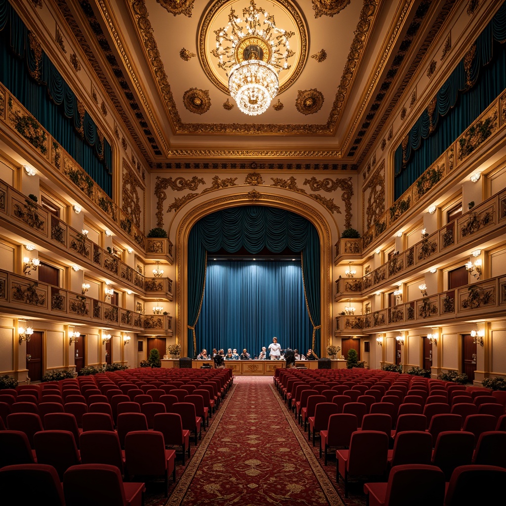 Prompt: Luxurious opera house interior, sapphire blue velvet curtains, golden ornate details, grand chandeliers, intricate moldings, richly patterned carpets, majestic staircases, opulent balconies, regal box seats, lavish drapery, sparkling crystal fixtures, warm soft lighting, 1/1 composition, shallow depth of field, realistic textures, ambient occlusion.