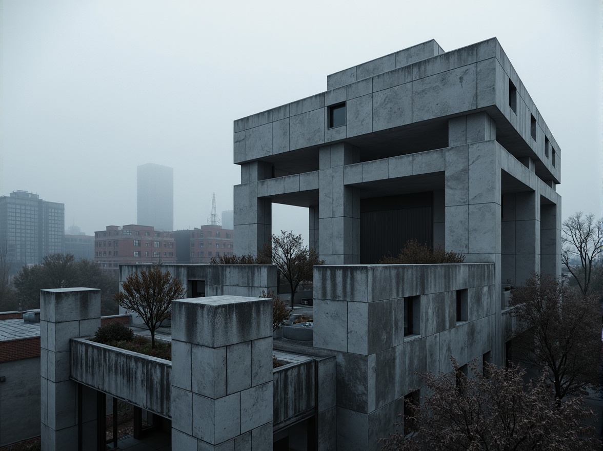 Prompt: Monochromatic brutalist building, rough-hewn concrete walls, rugged stone textures, industrial metal accents, minimalist design, functional simplicity, urban cityscape, overcast sky, dramatic shadows, high-contrast lighting, cinematic composition, moody atmosphere, cold-toned color palette, dark greys, muted blues, weathered steel, raw concrete, brutalist columns, fortress-like structures, geometric patterns, abstract shapes, monumental scale, imposing presence, atmospheric misting.