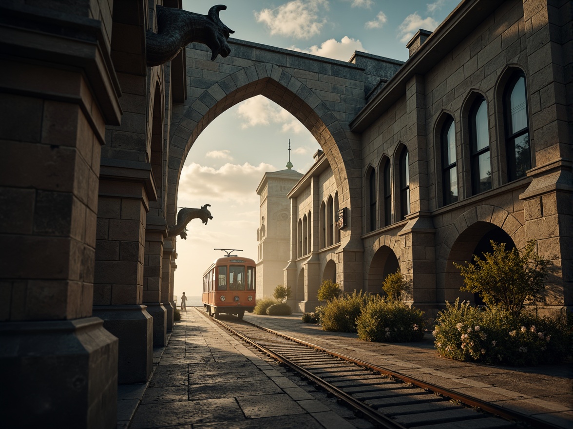 Prompt: Mysterious coastal tram station, Gothic architectural style, rugged stone walls, pointed arches, ribbed vaults, flying buttresses, intricate carvings, gargoyles as water spouts, mythical creatures, granite textures, misty ocean air, dramatic sea views, stormy weather, warm golden lighting, low-angle shot, cinematic composition, atmospheric fog effects, mysterious ambiance.