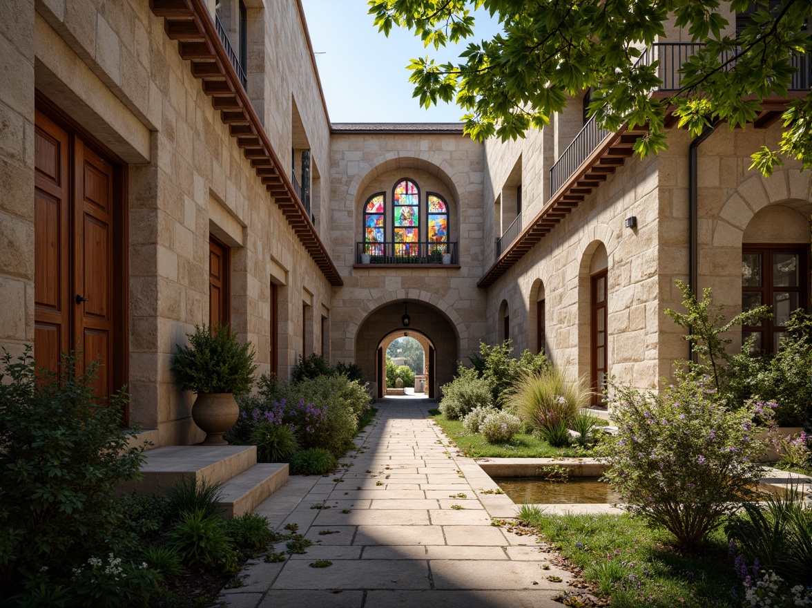 Prompt: Serene monastery architecture, rustic stone walls, arched windows, ornate wooden doors, tranquil courtyards, vibrant stained glass, soft warm lighting, earthy tone color palette, natural materials, spiritual ambiance, subtle texture variations, 3/4 composition, panoramic view, realistic renderings, ambient occlusion, atmospheric mist, peaceful surroundings, lush greenery, blooming flowers, gentle water features.