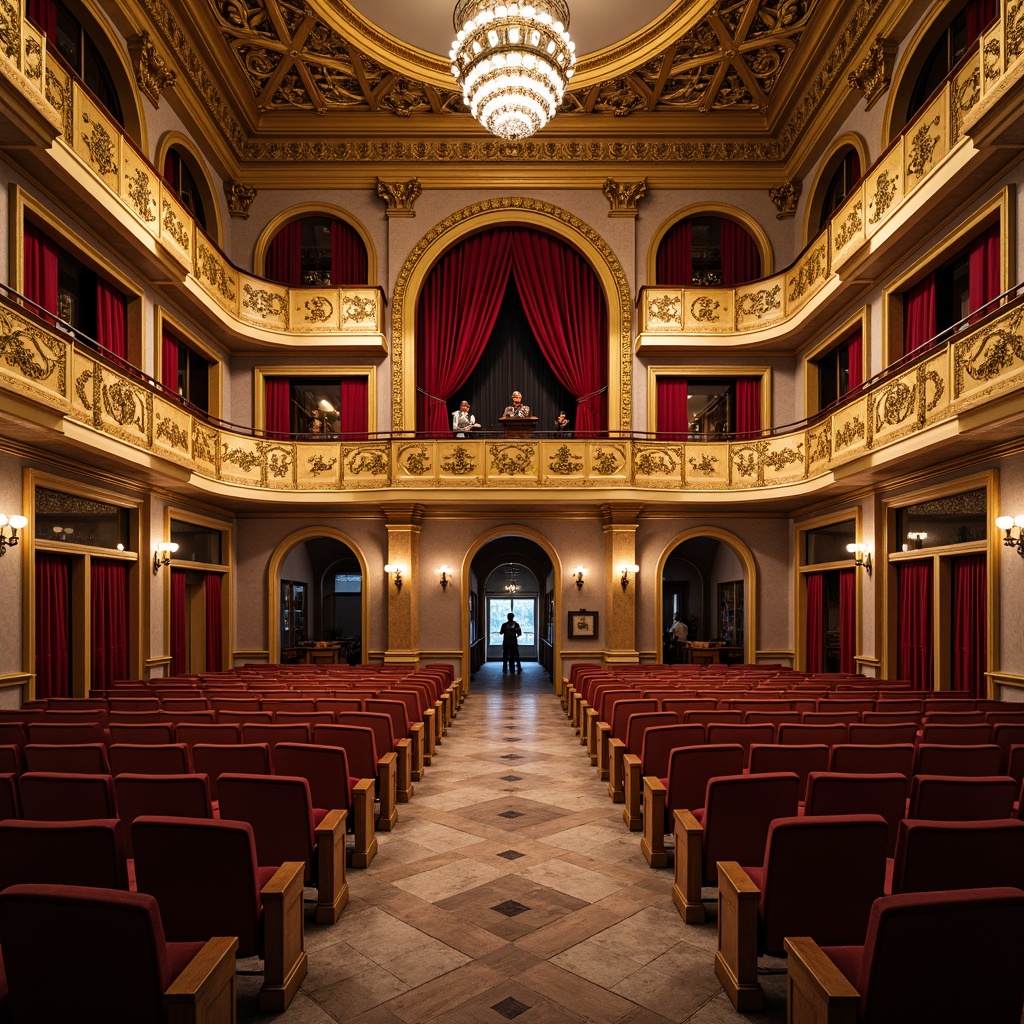 Prompt: Grand Renaissance-style auditorium, ornate golden balconies, red velvet curtains, intricately carved wooden seats, Baroque-inspired architecture, high ceilings, grand chandeliers, natural stone walls, arched windows, classical columns, sculpted facades, dramatic spotlights, warm ambient lighting, shallow depth of field, 1/2 composition, symmetrical framing, realistic textures, ambient occlusion.