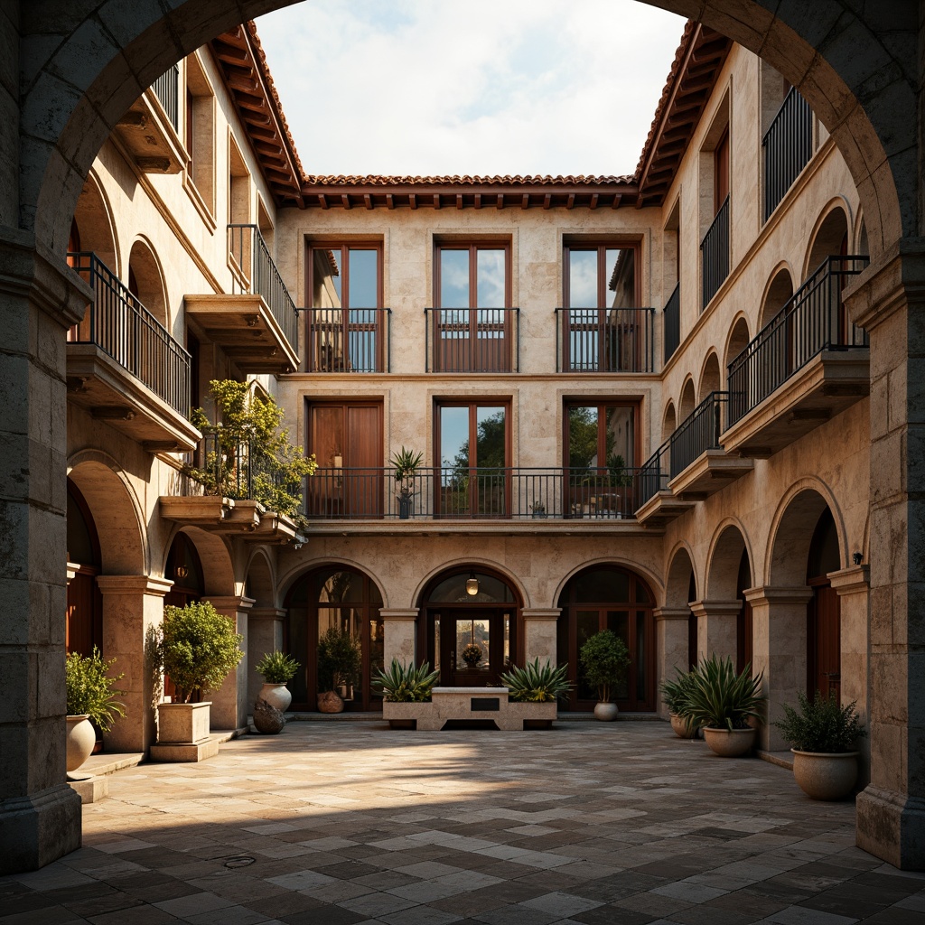 Prompt: Renaissance-style student halls, ornate facades, rusticated stone walls, arched windows, carved wooden doors, grand entranceways, symmetrical composition, ornamental balconies, terracotta rooftops, aged brick textures, warm golden lighting, soft afternoon sun, atmospheric mist, 1/2 composition, dramatic shadows, high-contrast rendering, realistic architectural details.