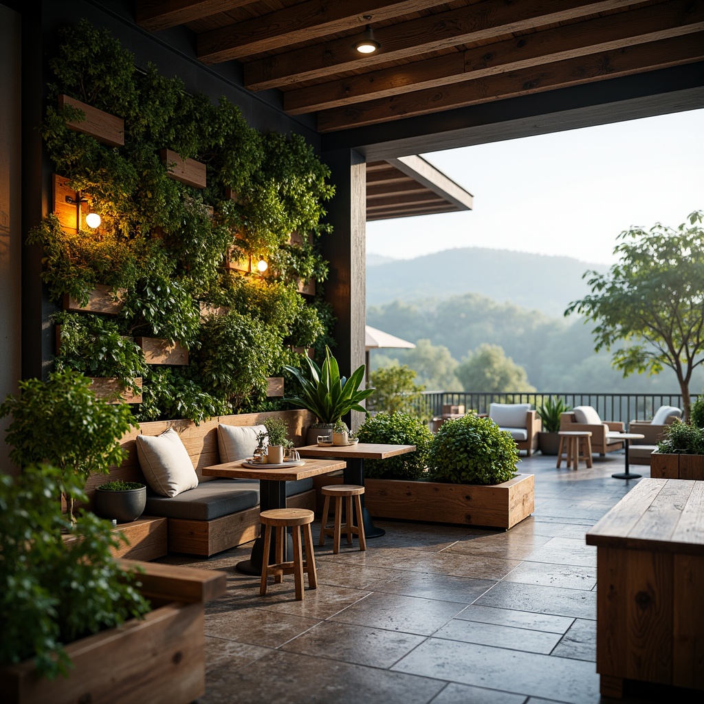 Prompt: Cozy coffee shop, lush green walls, reclaimed wood accents, natural stone floors, warm lighting, comfortable seating areas, rustic wooden tables, potted plants, vertical garden, outdoor patio, scenic views, rolling hills, misty morning, soft focus, shallow depth of field, 1/2 composition, earthy color palette, organic textures, ambient occlusion.