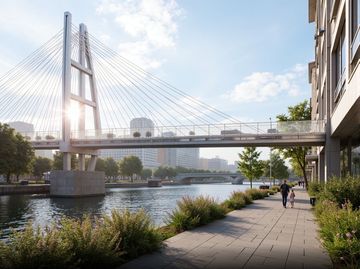 Prompt: Translucent bridge design, sleek cable-stayed structure, reflective glass railings, cantilevered walkways, modern minimalist aesthetic, silver steel beams, misty atmospheric effects, warm soft lighting, shallow depth of field, 1/1 composition, panoramic view, realistic metallic textures, ambient occlusion, riverbank setting, lush greenery, vibrant flowers, sunny day, urban cityscape, bustling streets, dynamic traffic flow.