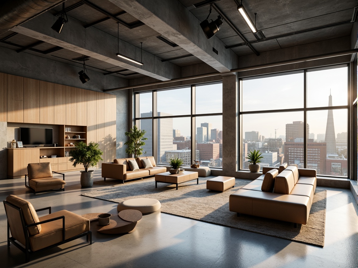 Prompt: Minimalist interior, industrial chic aesthetic, exposed ductwork, polished concrete floors, modern lighting fixtures, sleek metal accents, modular furniture, functional layouts, open-concept living, floor-to-ceiling windows, natural light pouring in, urban cityscape views, bustling streets, morning sunlight, soft warm glow, shallow depth of field, 1/1 composition, realistic textures, ambient occlusion.