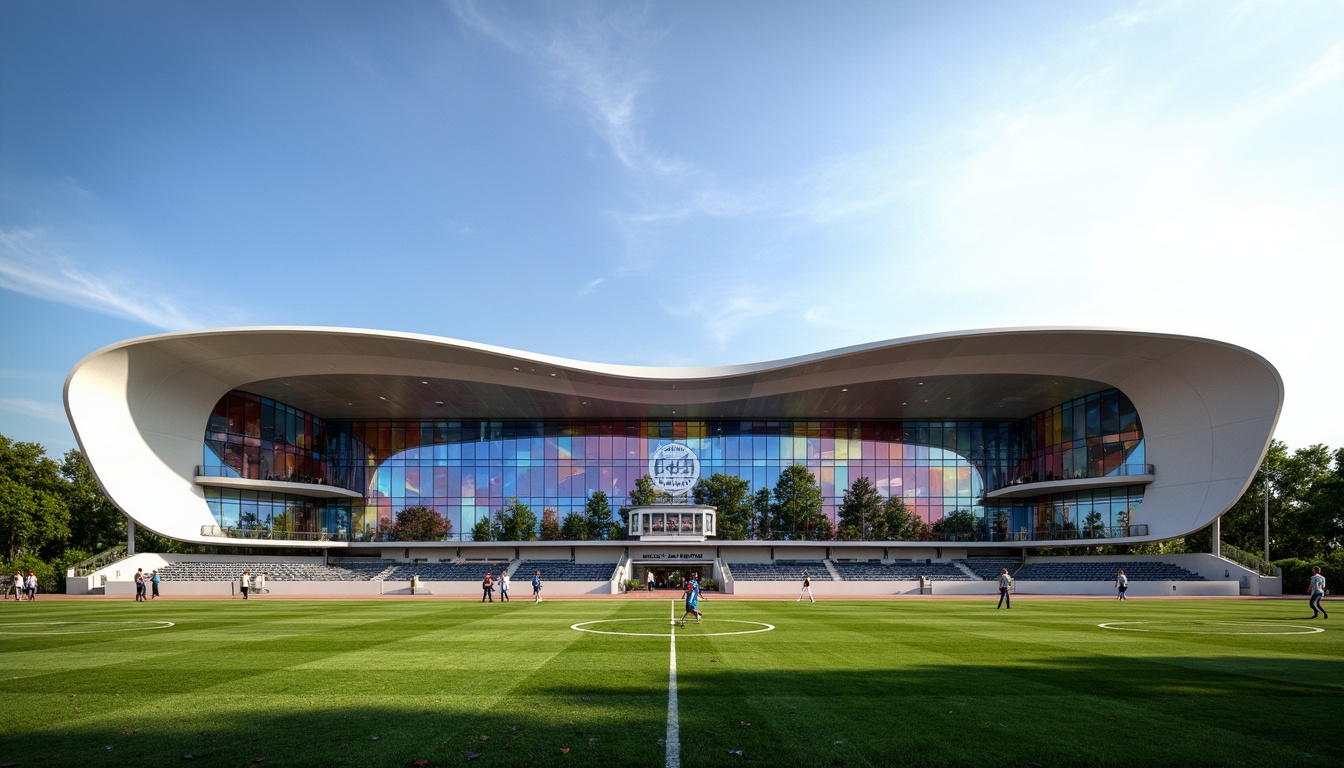 Prompt: Sleek soccer stadium, dynamic curvaceous facade, parametric architecture, LED light installations, transparent glass walls, cantilevered roofs, futuristic materials, metallic mesh cladding, abstract geometric patterns, vibrant team color schemes, stadium seating, athletic track, lush green landscape, sunny day, dramatic shading, high-contrast lighting, 1/1 composition, wide-angle lens, realistic reflections, ambient occlusion.