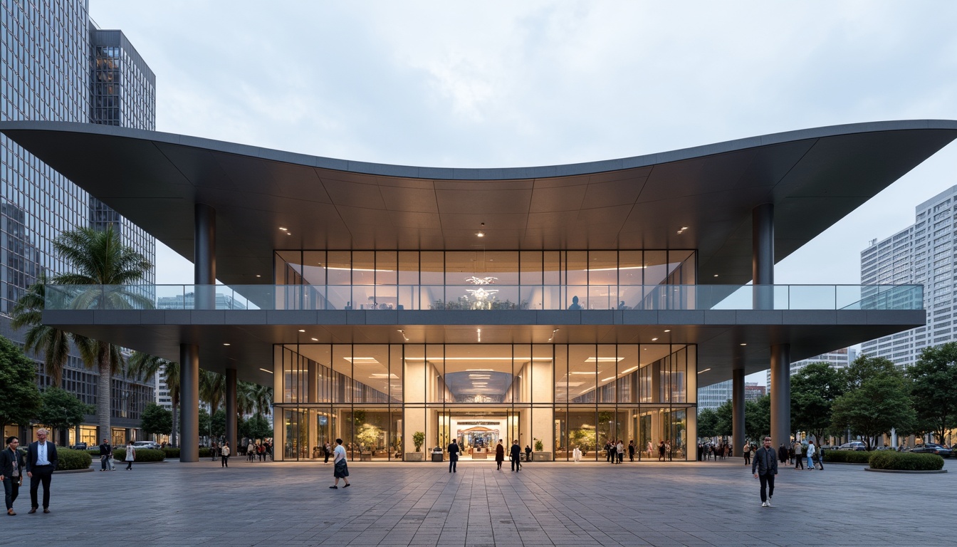 Prompt: Sleek museum facade, streamlined modern architecture, curved glass walls, cantilevered rooflines, metallic cladding, minimalist entrance, grand atrium lobby, polished marble floors, LED lighting installations, urban cityscape backdrop, overcast day, softbox lighting, shallow depth of field, 2/3 composition, symmetrical framing, realistic reflections, ambient occlusion.