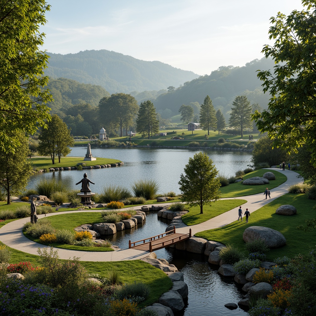 Prompt: Regional memorial center, rolling hills, lush greenery, serene lakeside, walking trails, commemorative sculptures, monumental architecture, natural stone walls, rustic wooden bridges, meandering streams, vibrant wildflowers, misty morning atmosphere, warm soft lighting, 1/1 composition, panoramic view, realistic textures, ambient occlusion, harmony with nature.