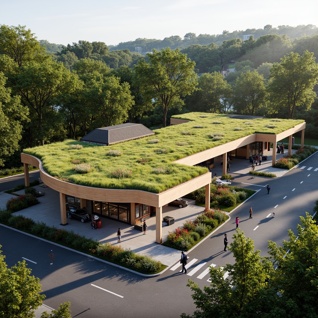 Prompt: Sleek bus station, curved green roofs, lush vegetation, natural stone walls, wooden accents, modern architecture, integrated transportation hub, scenic pedestrian pathways, tree-lined streets, urban forest, vibrant floral arrangements, soft warm lighting, shallow depth of field, 1/1 composition, panoramic view, realistic textures, ambient occlusion.