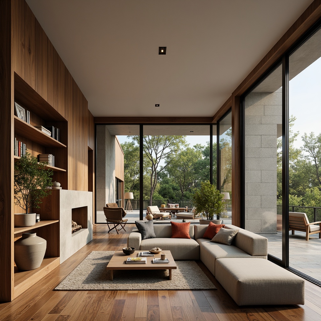 Prompt: Modern interior design, open-plan living area, sleek lines, minimal ornamentation, functional zones, cozy reading nook, plush sofas, wooden flooring, natural textiles, earthy color palette, abundant natural light, floor-to-ceiling windows, sliding glass doors, seamless transitions, 1/1 composition, warm ambient lighting, soft shadows, realistic reflections.