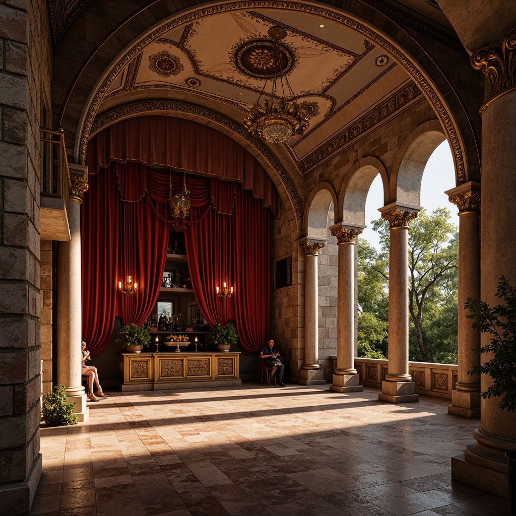 Prompt: Renaissance-style amphitheater, rustic stone walls, ornate marble columns, polished bronze accents, velvet-red stage curtains, rich wooden flooring, intricate fresco ceilings, grandiose archways, warm golden lighting, soft evening atmosphere, dramatic spotlighting, 1/1 composition, symmetrical architecture, realistic textures, ambient occlusion.