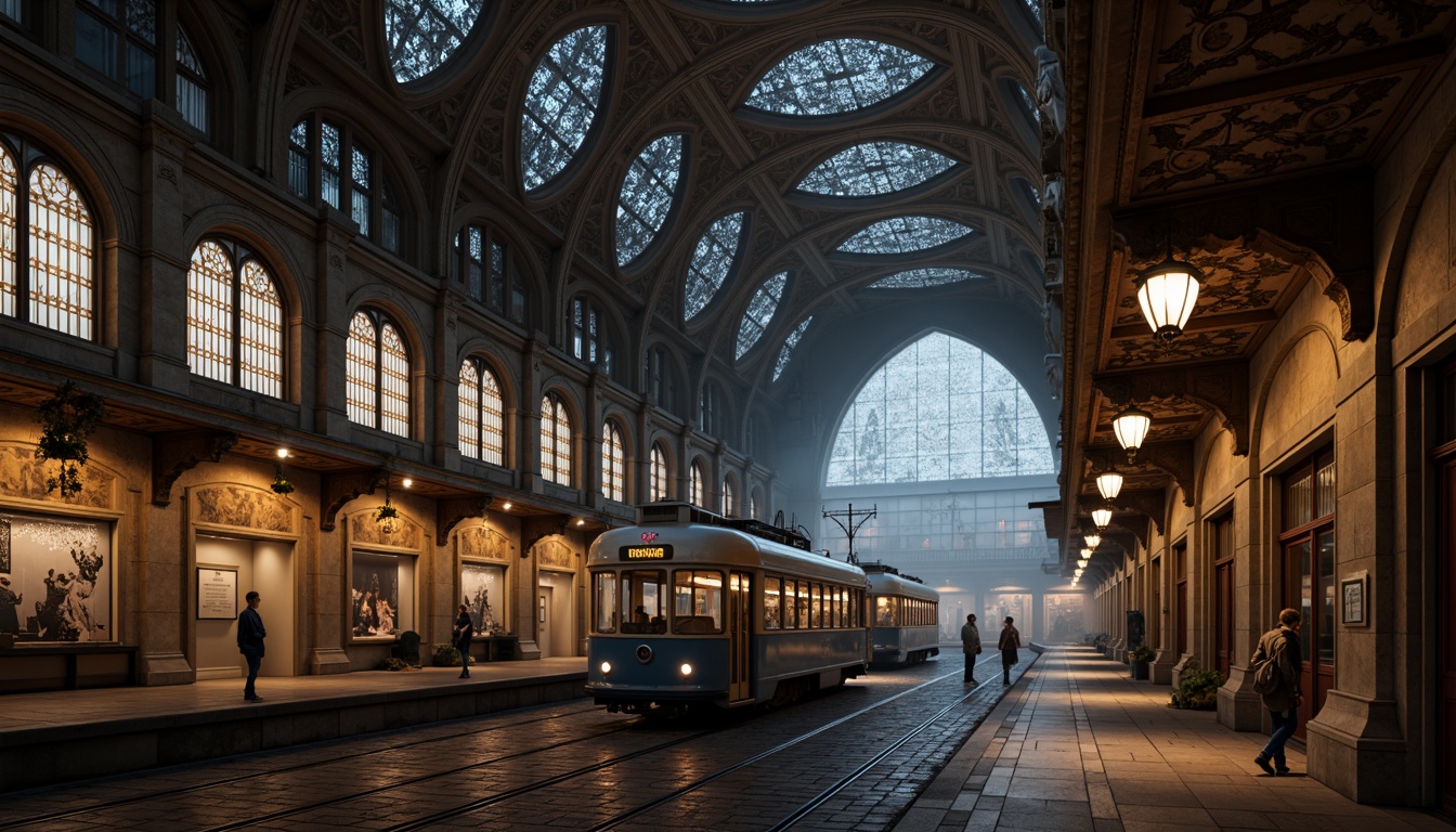 Prompt: Gothic tram station, ornate stone carvings, grand vaulted ceilings, stained glass windows, intricate tracery patterns, pointed arches, ribbed vaults, flying buttresses, elaborate gargoyles, mystical lanterns, mysterious atmosphere, foggy evening, soft warm lighting, shallow depth of field, 1/2 composition, symmetrical framing, dramatic shadows, realistic textures, ambient occlusion.