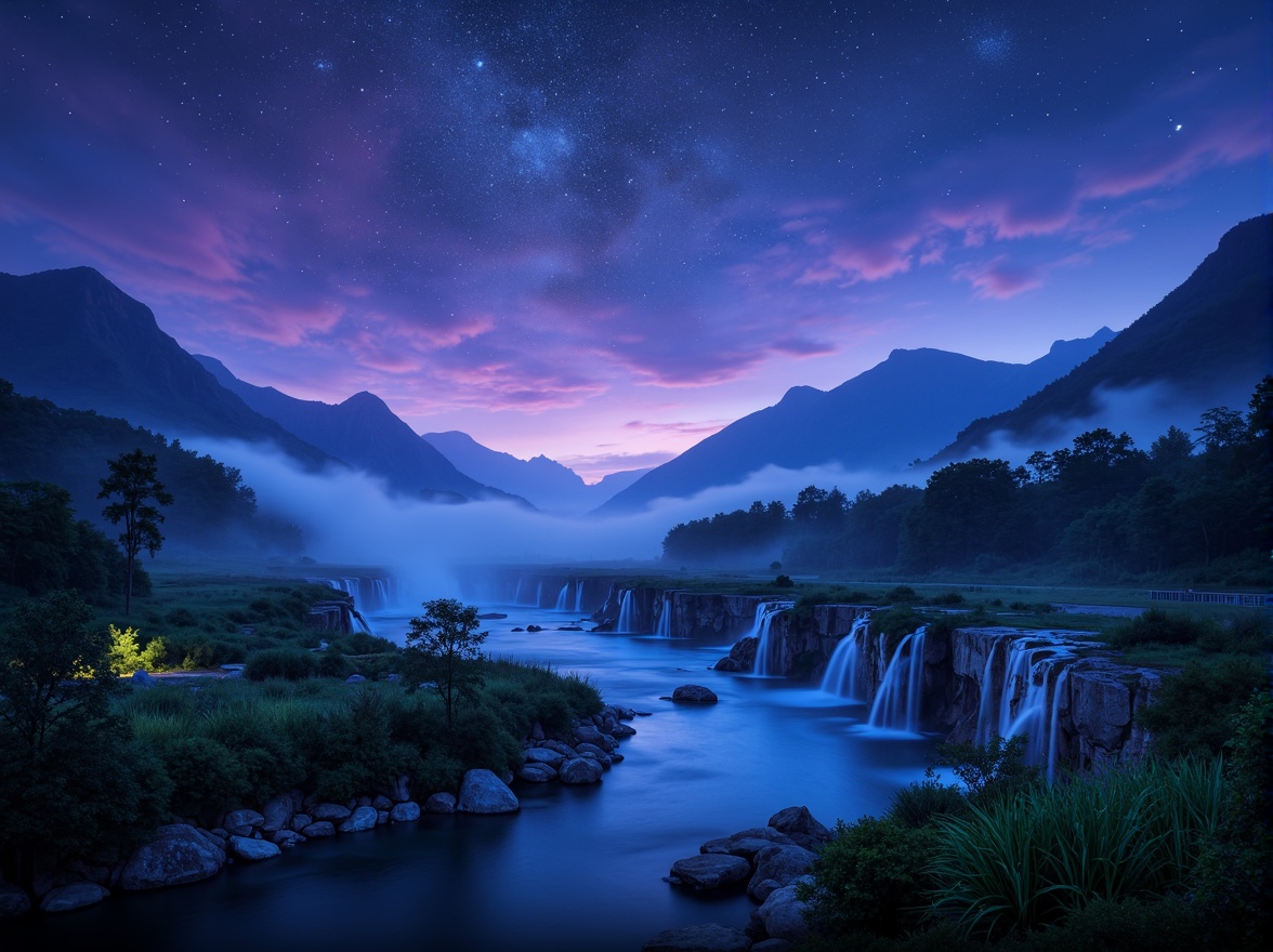 Prompt: Mysterious indigo night sky, twinkling stars, celestial bodies, atmospheric fog, mystical auras, dreamy landscapes, iridescent mist, shimmering waterfalls, glowing bioluminescent plants, dark blues, rich purples, midnight hues, aurora borealis-inspired colors, soft gradient transitions, subtle texture overlays, ethereal ambiance, 1-point perspective, low-key lighting, cinematic mood, atmospheric depth of field.