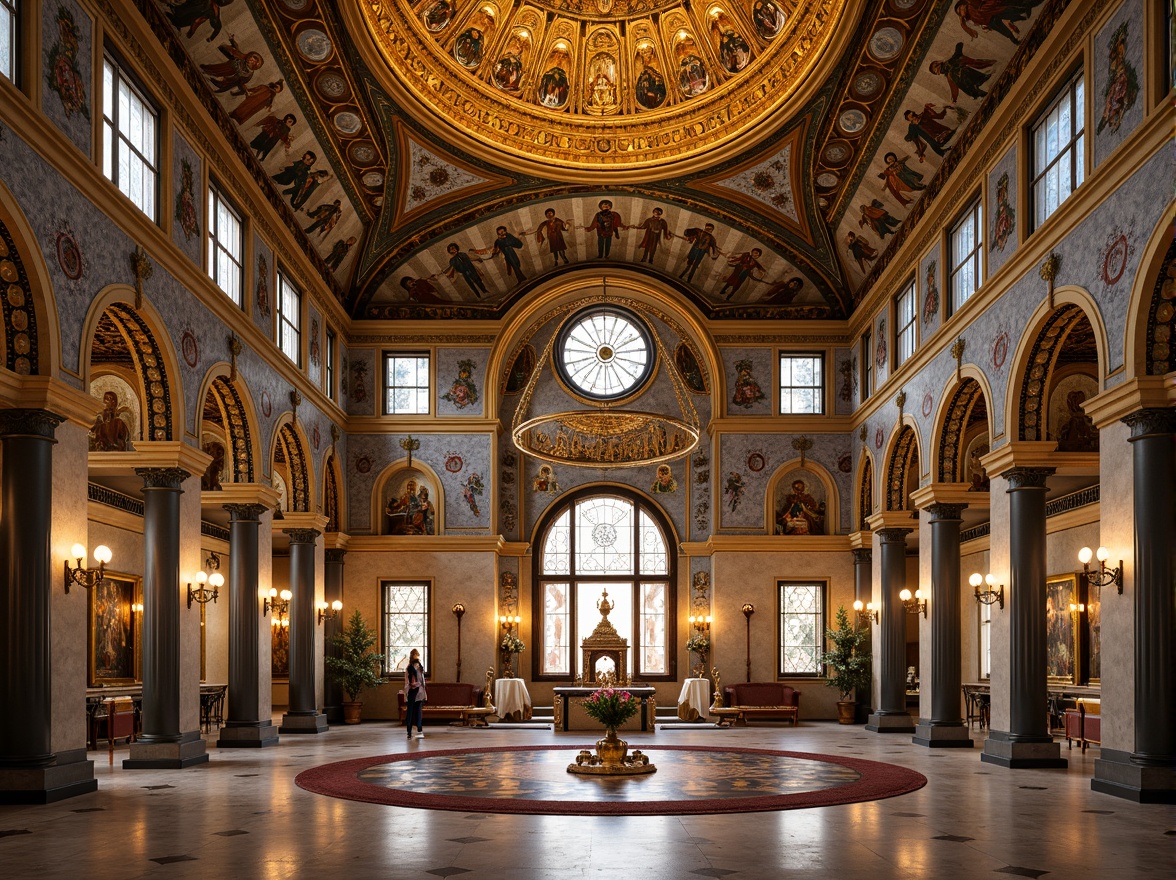 Prompt: Intricate mosaics, golden domes, ornate arches, symmetrical compositions, grand entranceways, marble floors, vibrant frescoes, elaborate altarpieces, sacred icons, ornamental columns, capitals, Byzantine-inspired patterns, richly textured fabrics, warm candlelight, shallow depth of field, 1/1 composition, central perspective, realistic renderings.