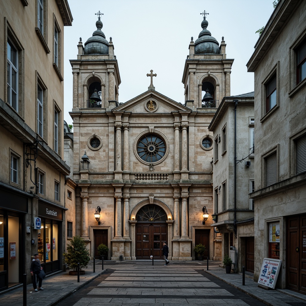 Prompt: Historic urban church, grandiose facade, intricate stone carvings, stained glass windows, rustic wooden doors, ornate bell towers, symmetrical composition, strong vertical lines, geometric patterns, brutalist architecture, raw concrete surfaces, industrial-style lighting, atmospheric misting, soft warm glow, shallow depth of field, 1/2 composition, realistic textures, ambient occlusion.