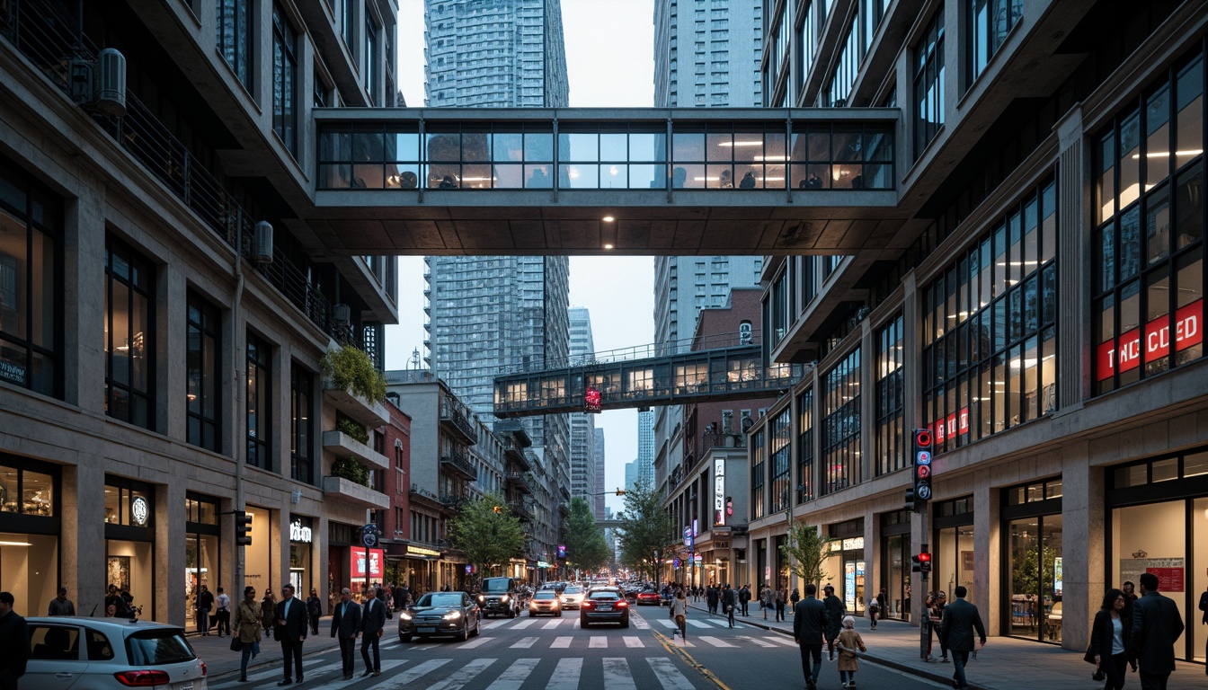 Prompt: Intricate steel beams, reinforced concrete columns, cantilevered roofs, dramatic arches, sleek glass facades, minimalist ornamentation, exposed ductwork, polished metal accents, urban cityscape, busy streets, modern skyscrapers, bustling commercial districts, vibrant neon lights, dynamic diagonal lines, high-contrast lighting, 1/2 composition, cinematic angles, realistic reflections, subtle atmospheric fog.