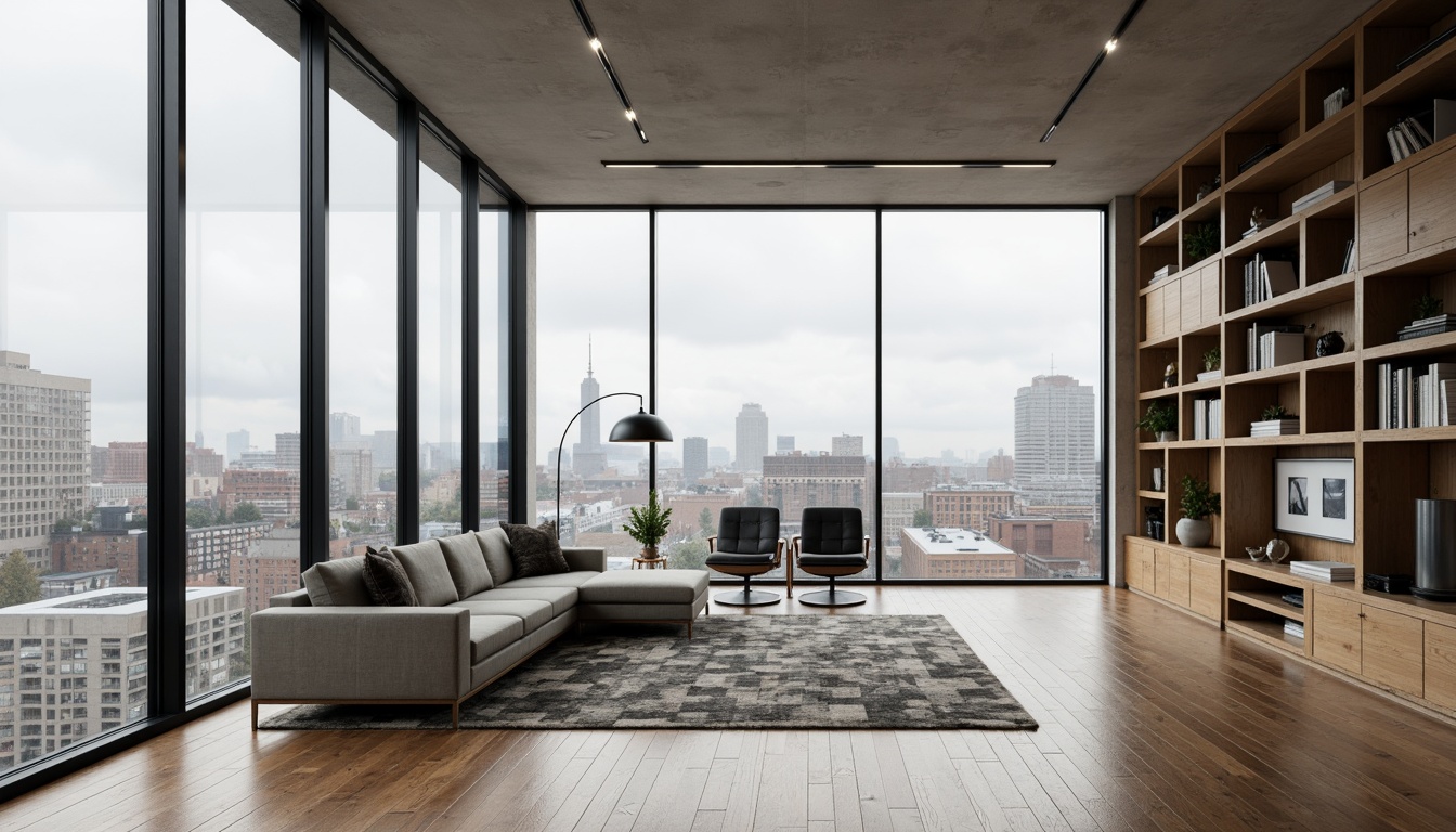 Prompt: Minimalist living room, sleek wooden floors, floor-to-ceiling windows, modern sectional sofa, geometric patterned rug, industrial-chic lighting fixtures, functional built-in shelving, cozy reading nook, urban cityscape views, cloudy day, soft diffused light, shallow depth of field, 1/1 composition, realistic textures, ambient occlusion.