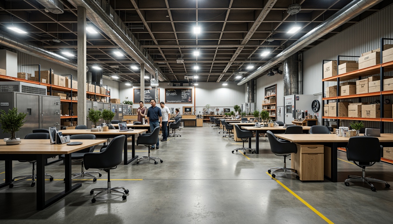 Prompt: Industrial factory interior, metallic machinery, exposed ductwork, polished concrete floors, steel beams, functional lighting, modern commercial equipment, ergonomic workstations, durable plastic chairs, sleek metal shelving, organized storage systems, urban industrial vibe, warm neutral color palette, softbox lighting, shallow depth of field, 2/3 composition, realistic textures, ambient occlusion.