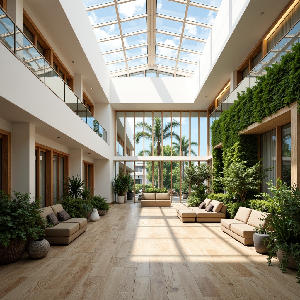 Prompt: Spacious open floor plan, high ceilings, clerestory windows, skylights, large south-facing glass facade, reflective white surfaces, minimal obstructions, transparent partitions, LED lighting accents, warm beige tones, natural textiles, reclaimed wood flooring, lush green walls, abundant potted plants, sunny day, soft diffused light, gentle shadows, 1/1 composition, symmetrical framing, subtle color grading, realistic materials, ambient occlusion.