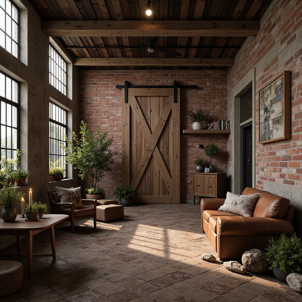 Prompt: Distressed wooden planks, reclaimed barn doors, rustic metal accents, industrial concrete floors, exposed brick walls, earthy terracotta tiles, natural stone pathways, moss-covered rocks, weathered steel beams, vintage machinery parts, worn leather upholstery, antique furniture pieces, warm candle lighting, soft focus photography, 1/1 composition, realistic textures, ambient occlusion.