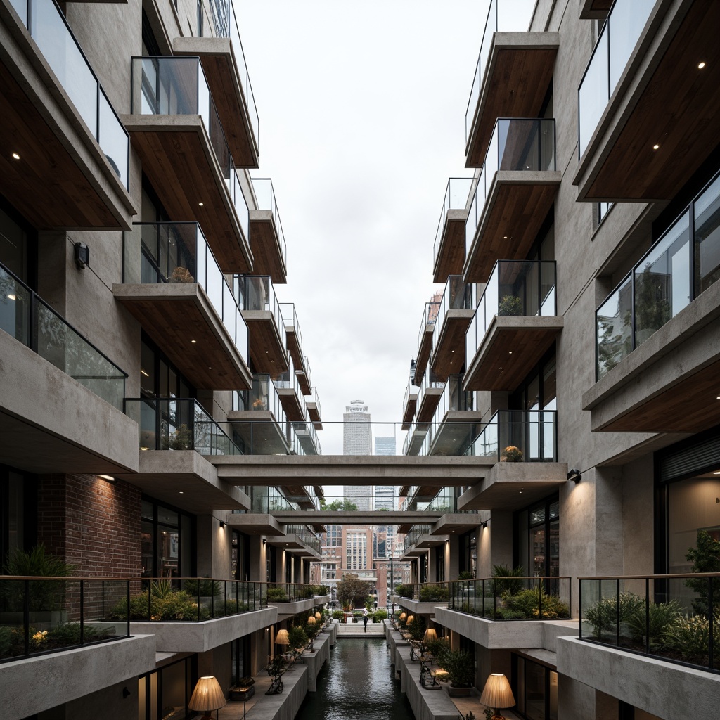 Prompt: Modern architectural design, cantilevered roofs, exposed steel beams, industrial-chic concrete columns, minimalist wooden accents, floor-to-ceiling windows, transparent glass railings, geometric metal staircases, suspended walkways, brutalist-inspired textures, urban cityscape backdrop, overcast sky, dramatic spotlighting, low-angle photography, 1/2 composition, abstract reflections, detailed structural details.