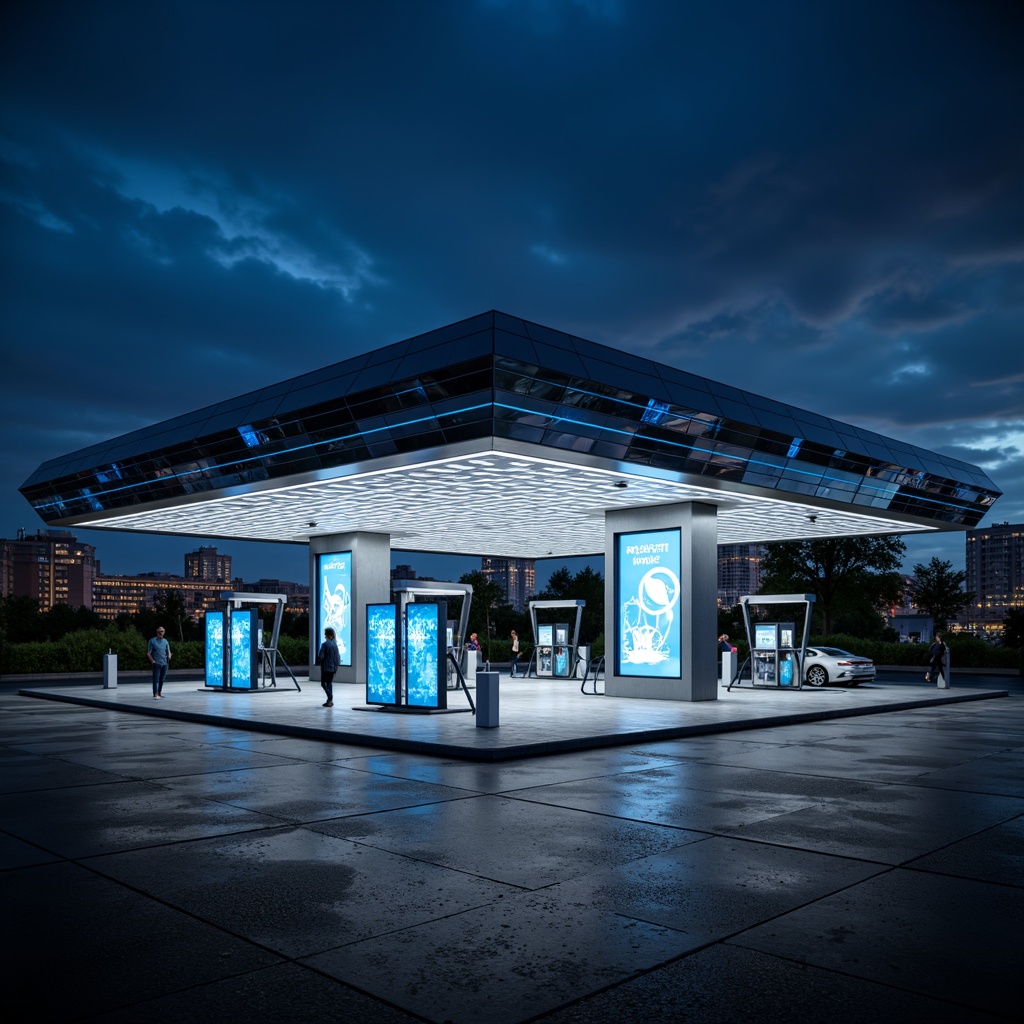 Prompt: Futuristic gas station, sleek metallic facade, neon-lit canopy, angular lines, minimalist design, LED lighting strips, glowing blue accents, dynamic shape-shifting patterns, holographic advertisements, transparent glass walls, cantilevered rooflines, aerodynamic curves, high-tech fuel pumps, digital display screens, eco-friendly materials, sustainable energy solutions, solar panels, wind turbines, urban cityscape background, nighttime atmosphere, dramatic spotlighting, shallow depth of field, 3/4 composition, panoramic view, realistic reflections, ambient occlusion.