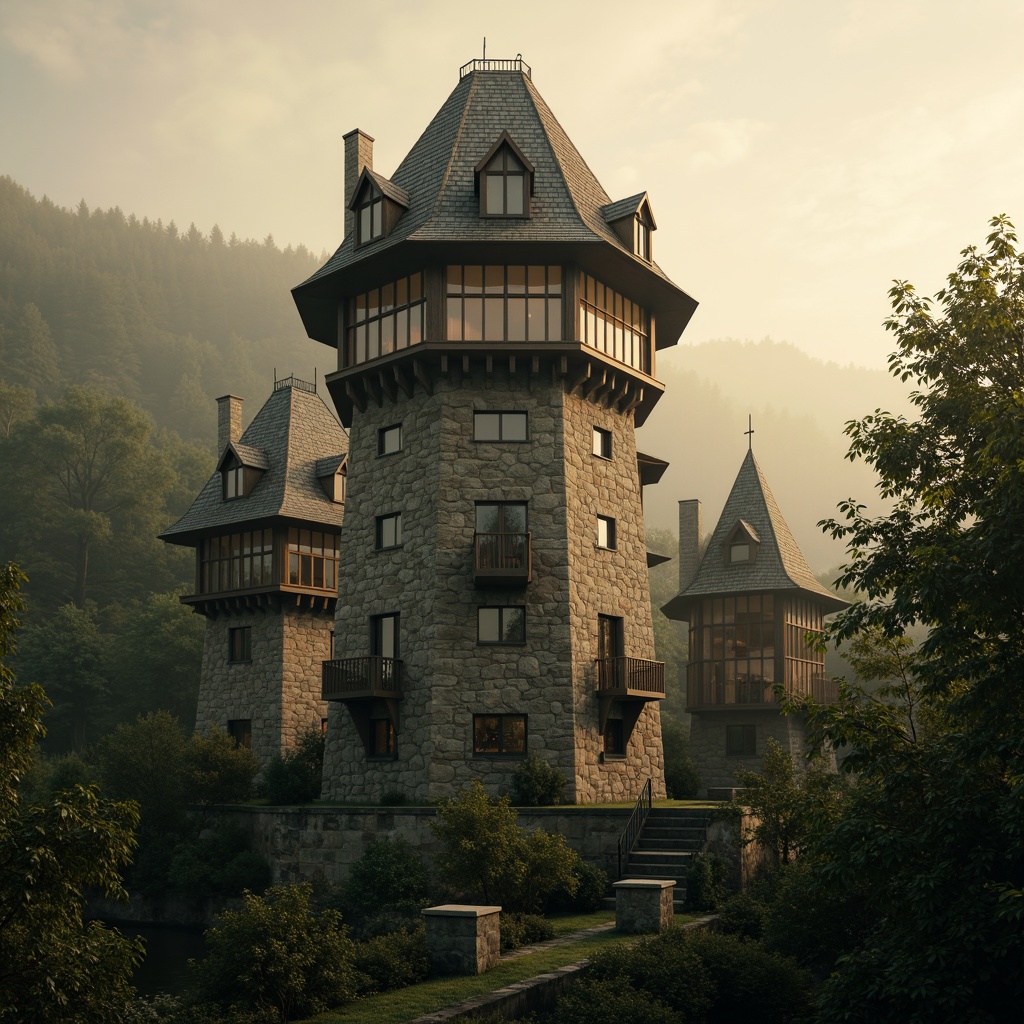 Prompt: Majestic watchtower, medieval-inspired architecture, rustic stone walls, weathered wooden accents, moss-covered roofs, mystical forest surroundings, misty morning atmosphere, warm golden lighting, soft focus blur, 1/2 composition, atmospheric perspective, cinematic mood, detailed textures, subtle color grading, earthy tone palette, rich brown hues, deep green foliage, mysterious ambient sounds.