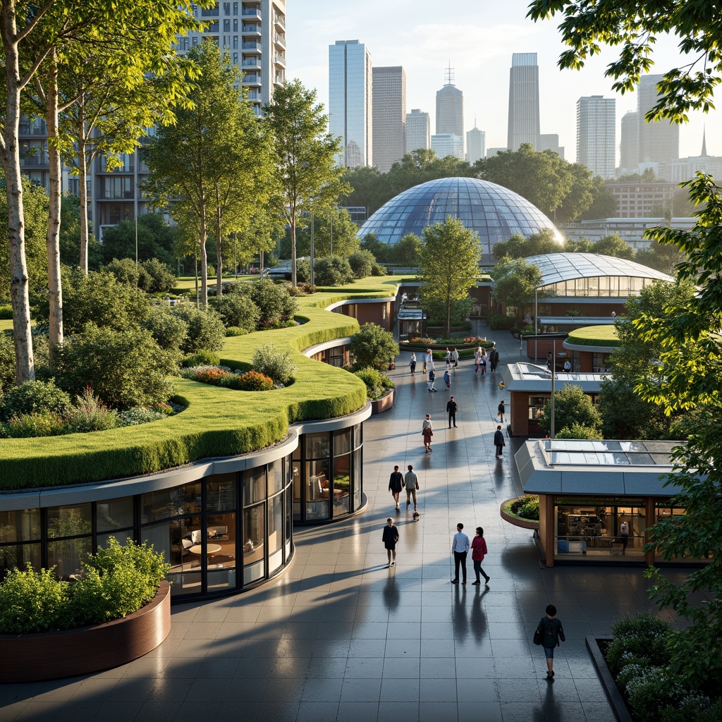 Prompt: Vibrant bus station, lush green roofs, thriving vegetation, urban oasis, natural habitats, eco-friendly architecture, sustainable design, energy-efficient systems, solar panels, rainwater harvesting, grey water reuse, modern curved lines, glass facades, translucent canopies, warm natural light, airy atmosphere, comfortable waiting areas, sleek benches, minimalist decor, urban forestry, city skyline views, soft misting system, shallow depth of field, 3/4 composition, panoramic view, realistic textures, ambient occlusion.