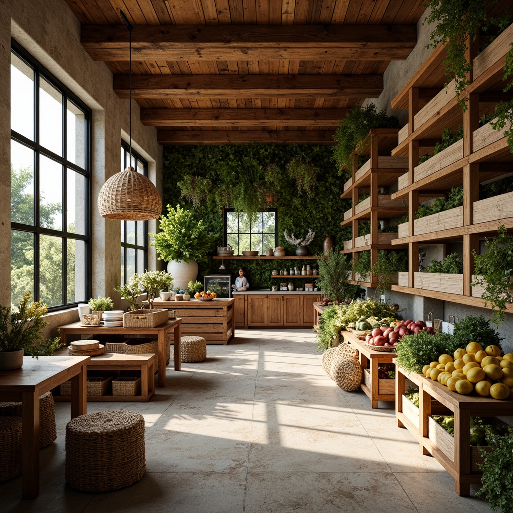 Prompt: Rustic grocery store interior, reclaimed wood shelving, natural stone flooring, living green walls, wooden crates, earthy color palette, organic produce displays, woven baskets, rattan furniture, pendant lamps made from natural fibers, abundant daylight, soft warm lighting, shallow depth of field, 3/4 composition, realistic textures, ambient occlusion.