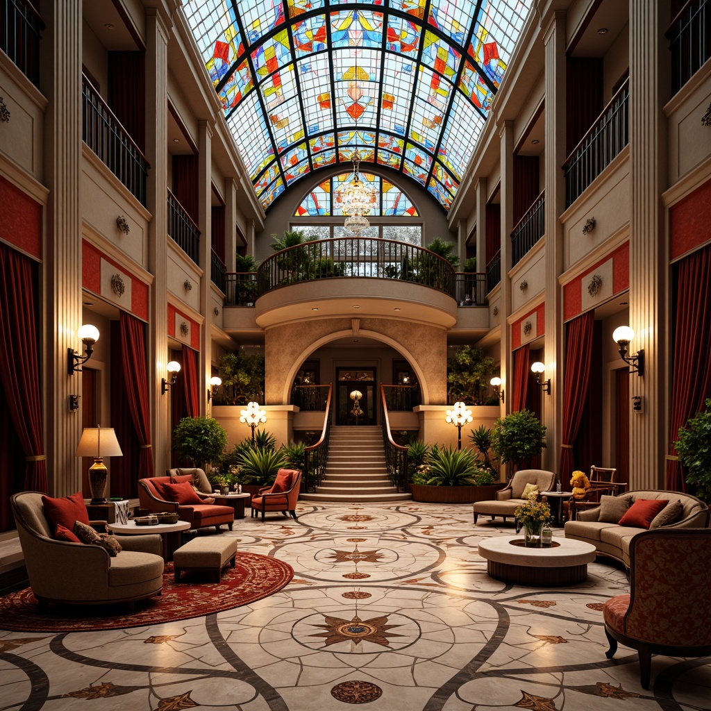 Prompt: Luxurious hotel lobby, intricately patterned floors, ornate metalwork, sinuous lines, flowing curves, organic forms, vibrant stained glass ceilings, grand staircase, richly upholstered furniture, plush velvet drapes, gilded accents, exquisite chandeliers, majestic archways, opulent furnishings, lavish decorations, soft warm lighting, shallow depth of field, 3/4 composition, realistic textures, ambient occlusion.