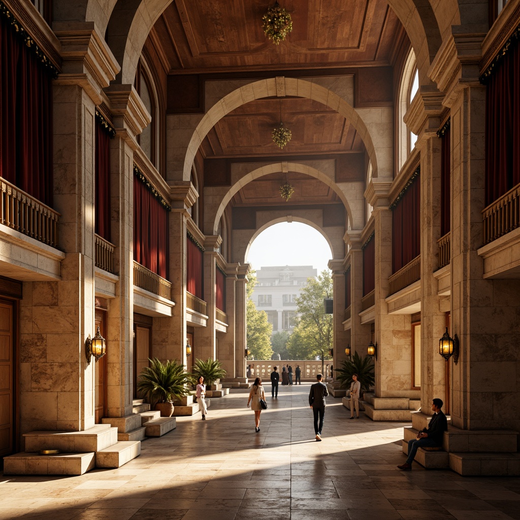 Prompt: Renaissance-style amphitheater, travertine limestone columns, rustic stone walls, ornate bronze fixtures, velvet drapes, rich wooden accents, marble flooring, grandiose archways, majestic dome ceiling, warm golden lighting, soft shadowing, atmospheric misting, 1/2 composition, symmetrical perspective, realistic textures, subtle ambient occlusion.