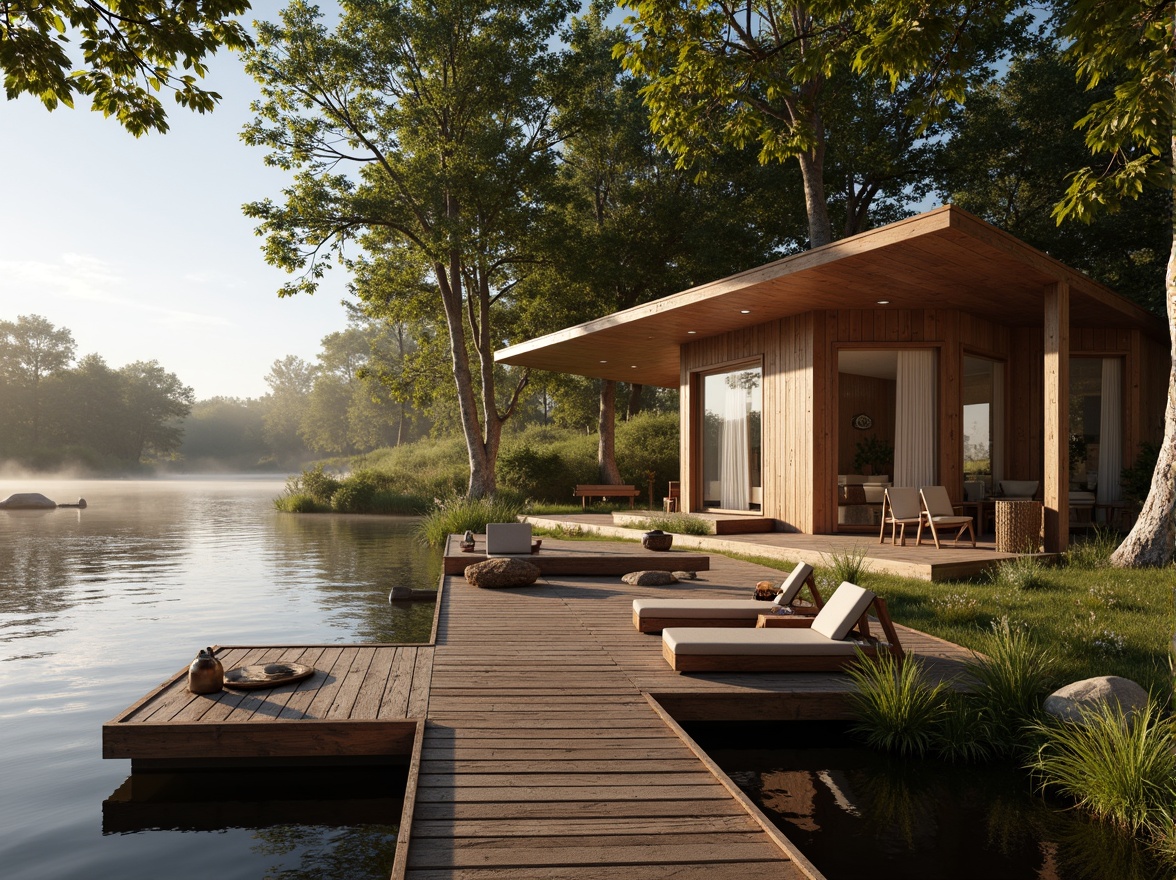 Prompt: Cozy boathouse, rustic wooden docks, serene lake waters, lush greenery, warm natural lighting, large windows, sliding glass doors, open floor plans, minimalist decor, reclaimed wood accents, nautical-themed furnishings, soft warm color palette, morning mist, gentle water reflections, shallow depth of field, 1/2 composition, realistic textures, ambient occlusion.