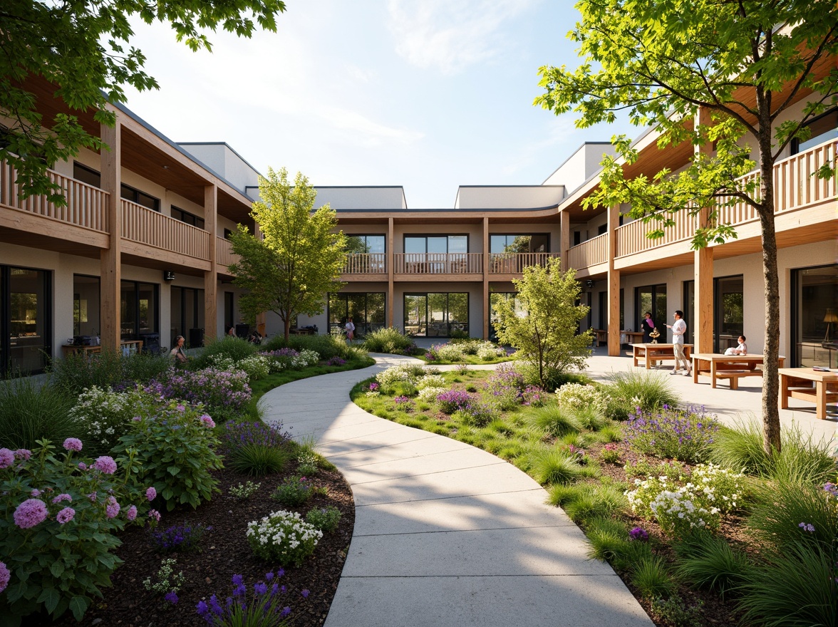 Prompt: Vibrant educational courtyard, lush greenery, blooming flowers, wooden benches, outdoor classrooms, interactive learning tools, natural stone pathways, modern architectural design, large windows, sliding glass doors, cantilevered roofs, shaded outdoor spaces, soft warm lighting, shallow depth of field, 3/4 composition, panoramic view, realistic textures, ambient occlusion.