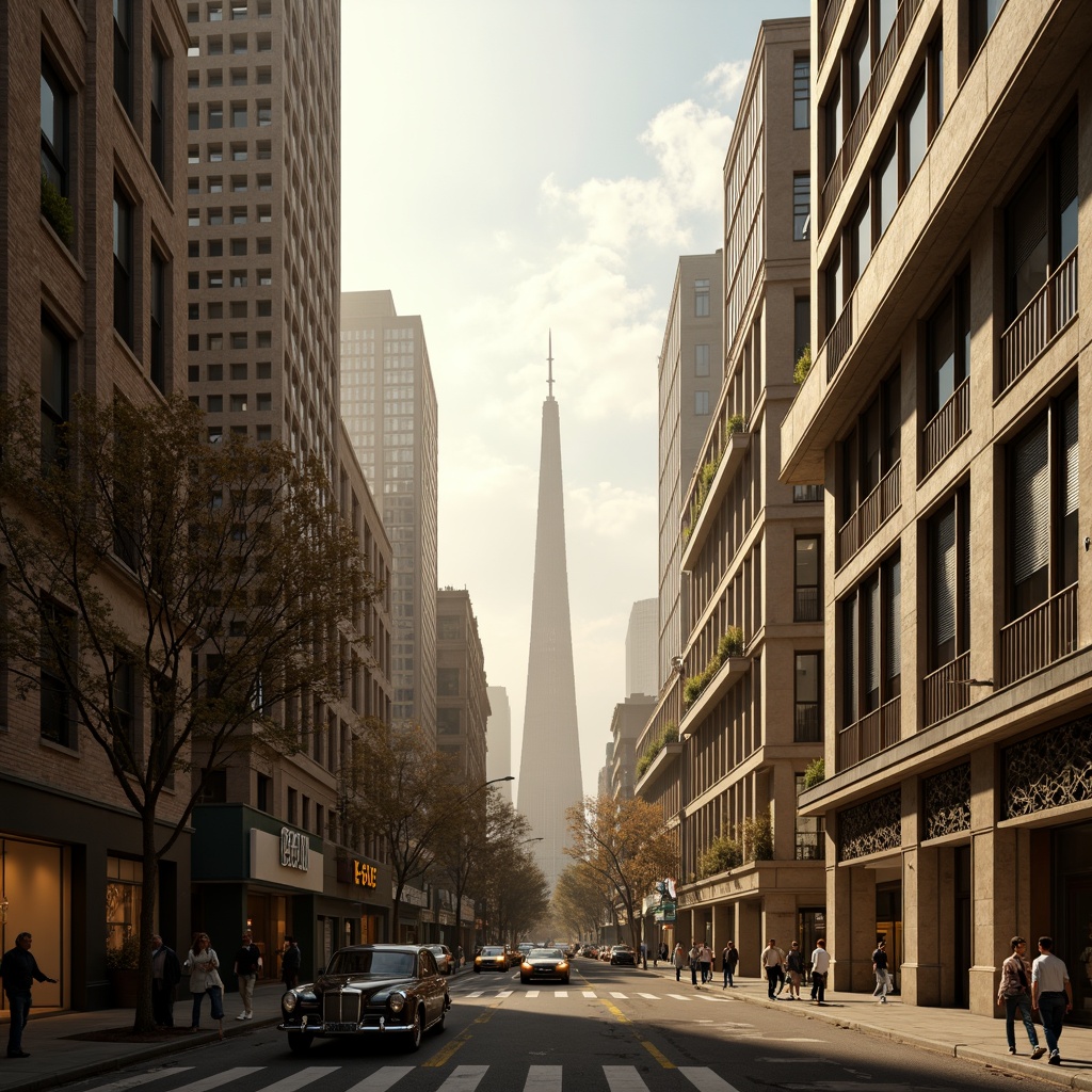 Prompt: Glamorous cityscape, bustling streets, vintage cars, Art Deco skyscrapers, ornate metalwork, geometric patterns, luxurious materials, opulent interiors, high-rise buildings, metropolitan skyline, urban density, morning fog, warm golden lighting, cinematic composition, low-angle shot, realistic reflections, detailed textures.