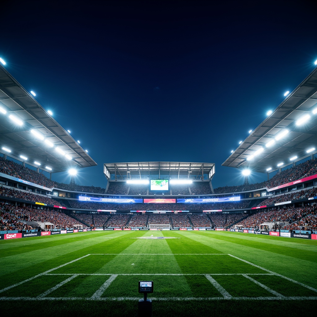 Prompt: Dynamic soccer stadium, angular futuristic facade, LED lighting displays, cantilevered roofs, curved lines, sleek metallic materials, transparent glass walls, retractable seating, lush green turf, vibrant team color schemes, modern scoreboard designs, atmospheric nighttime lighting, shallow depth of field, 1/1 composition, panoramic view, realistic textures, ambient occlusion.