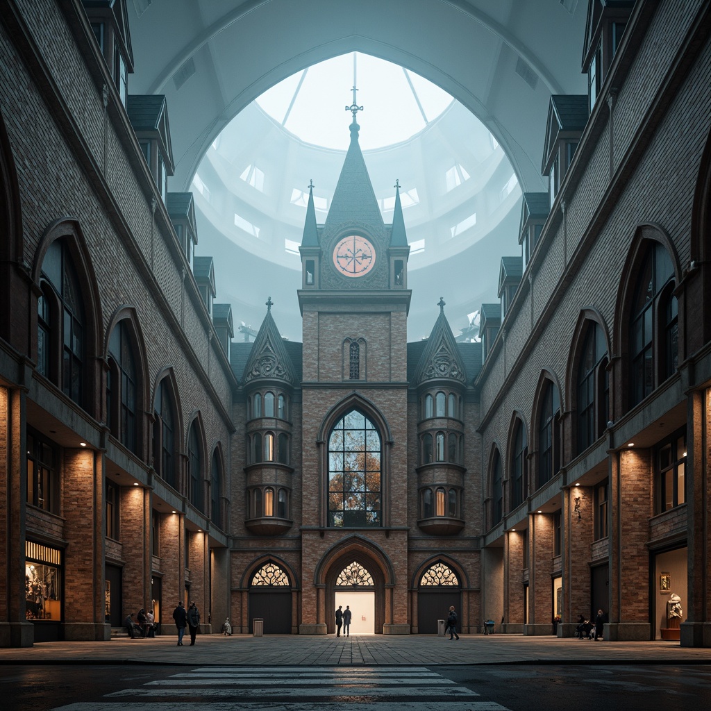 Prompt: Gothic-style football stadium, grandiose arches, ribbed vaults, flying buttresses, ornate stone carvings, stained glass windows, pointed towers, majestic entrance gates, intricate tracery patterns, steeply pitched roofs, richly colored brickwork, atmospheric foggy weather, dramatic backlighting, low-angle shot, 1/2 composition, detailed textures, ambient occlusion.