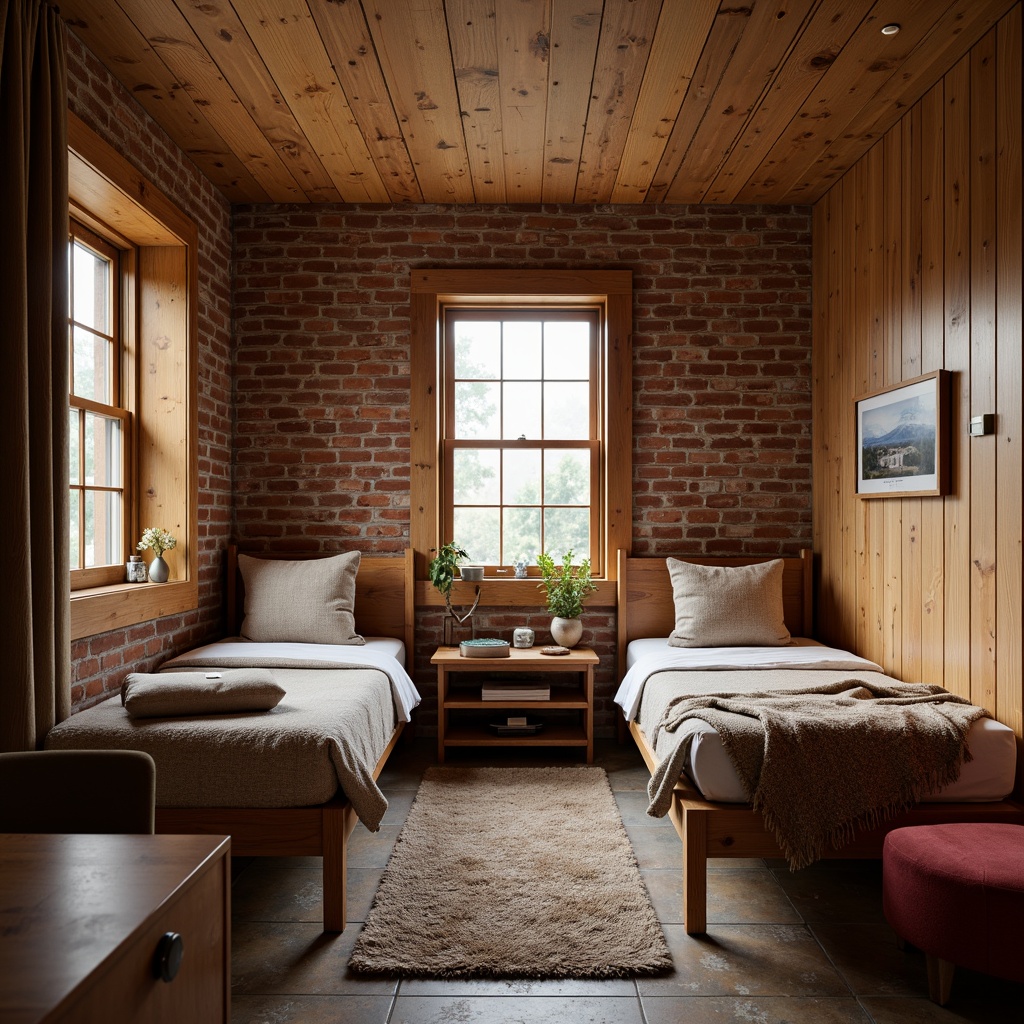 Prompt: Cozy dormitory, warm wood accents, soft plush carpets, comfortable bedding, rustic brick walls, natural stone floors, wooden furniture, velvet upholstery, metallic hardware, minimalist decor, calming color palette, softbox lighting, shallow depth of field, 1/1 composition, realistic textures, ambient occlusion.