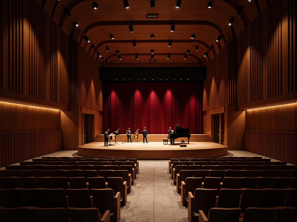 Prompt: \Intimate concert hall, curved wooden panels, sound-absorbing materials, velvety darkness, tiered seating, spotlit stage, grand piano, acoustic guitars, subtle LED lighting, plush crimson curtains, polished marble floors, intricate architectural details, soft warm ambiance, 1/1 composition, shallow depth of field, realistic textures, ambient occlusion.\