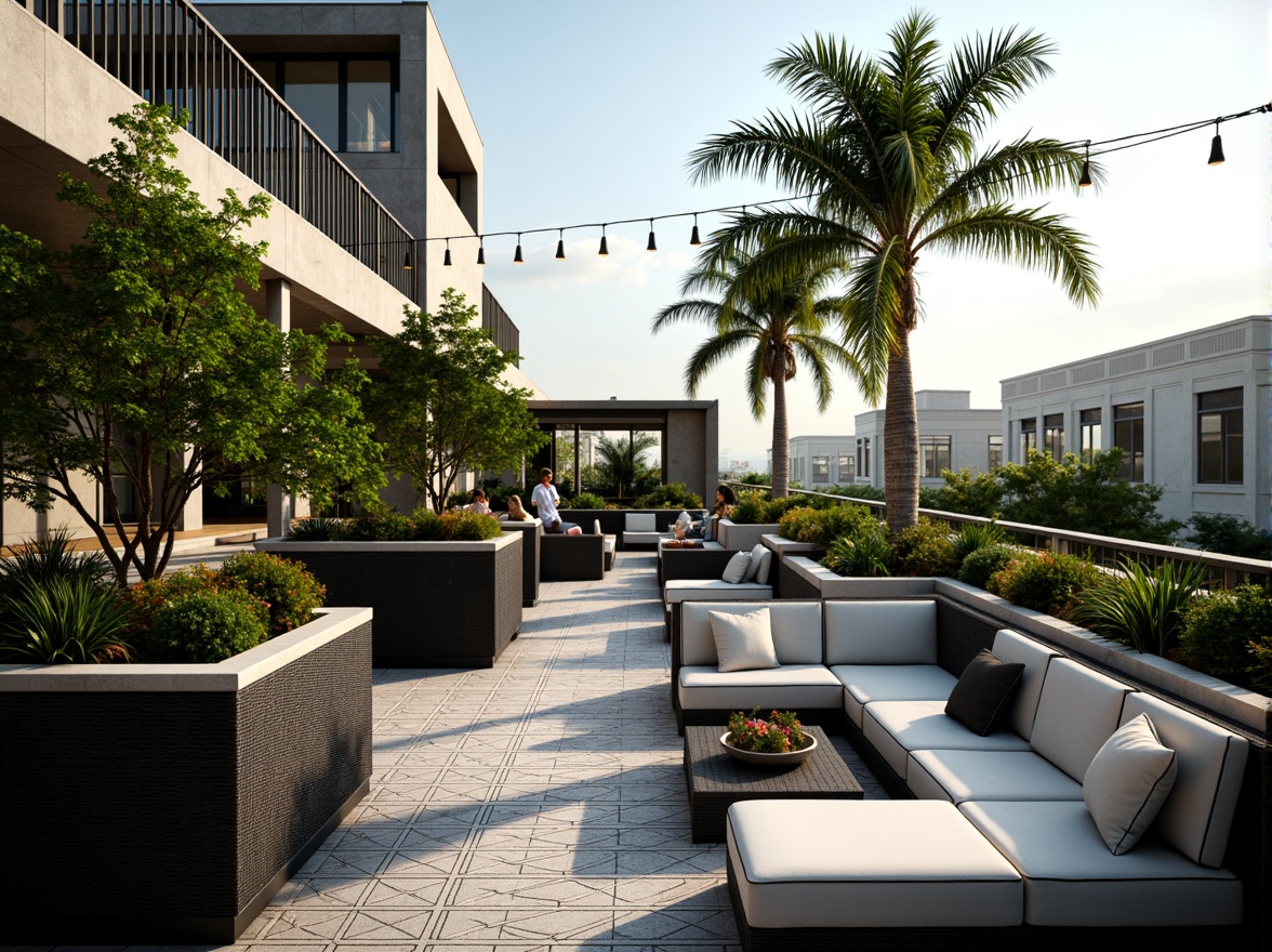 Prompt: Luxurious rooftop garden, sleek Art Deco-inspired planters, ornate metal railings, vibrant tropical plants, statement palm trees, geometric patterned tiles, bold black and white color scheme, luxurious outdoor furniture, plush throw pillows, ambient string lighting, warm sunny day, shallow depth of field, 1/1 composition, realistic textures, soft focus effect.