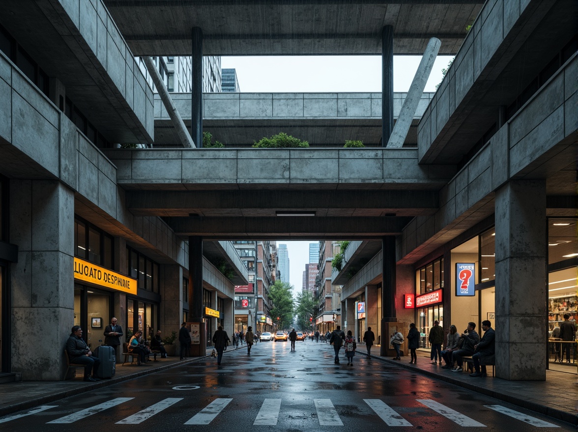 Prompt: Concrete brutalist architecture, urban train station integration, industrial steel beams, exposed ductwork, rugged stone walls, geometric shapes, angular lines, functional minimalism, modern cityscape, busy street activity, rush hour commuters, neon signage, urban grittiness, rainy day, dramatic lighting, high-contrast shadows, 1/2 composition, symmetrical framing, cinematic atmosphere, realistic textures, ambient occlusion.